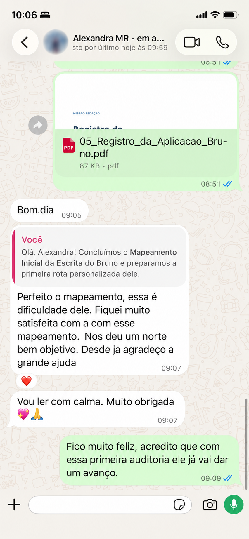 Print original do depoimento de Alexandra sobre o mapeamento